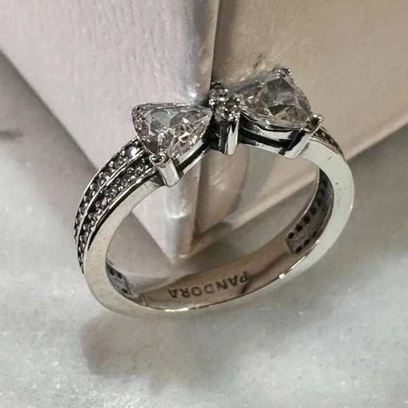 Genuine PANDORA 925 Ale Sparkling Bow Double Row Ring #193552C01 Size 9 - Picture 2 of 7